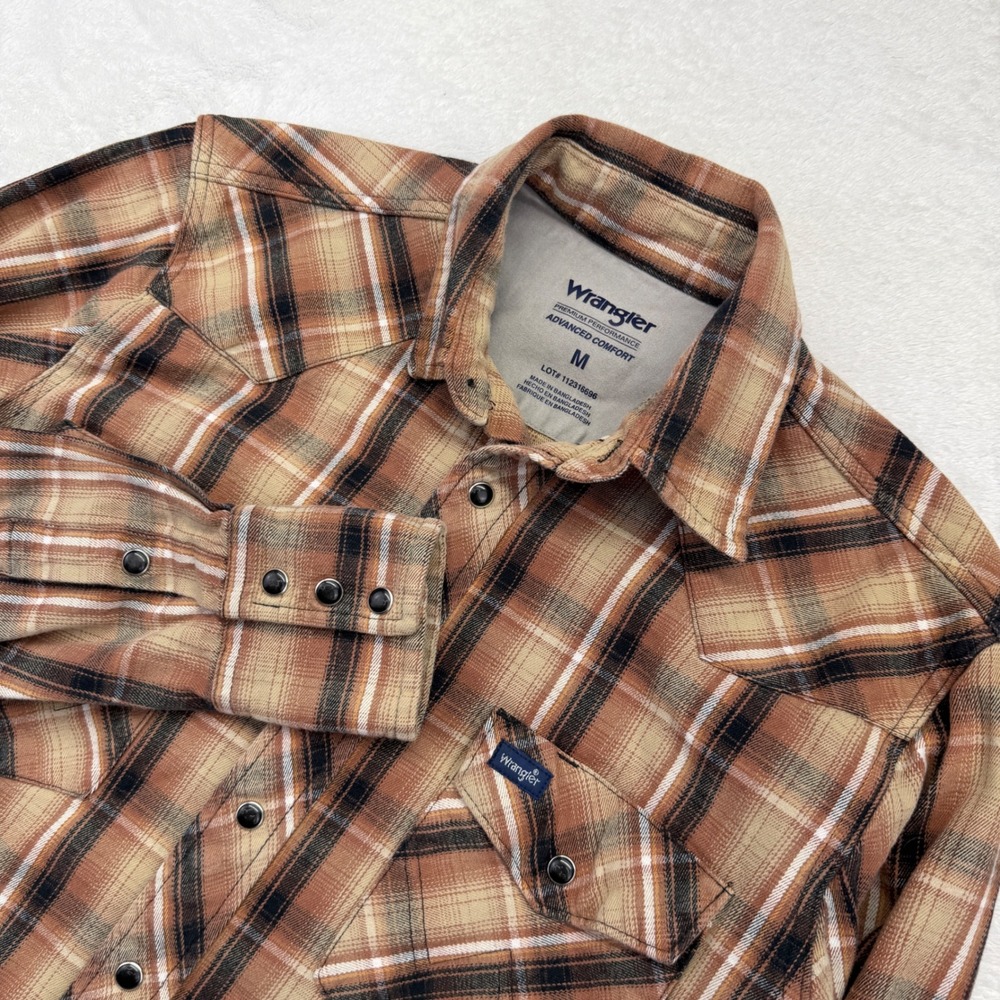 Wrangler Shirt Mens M Brown Advanced Comfort Western Plaid Pearl Snap Heavy